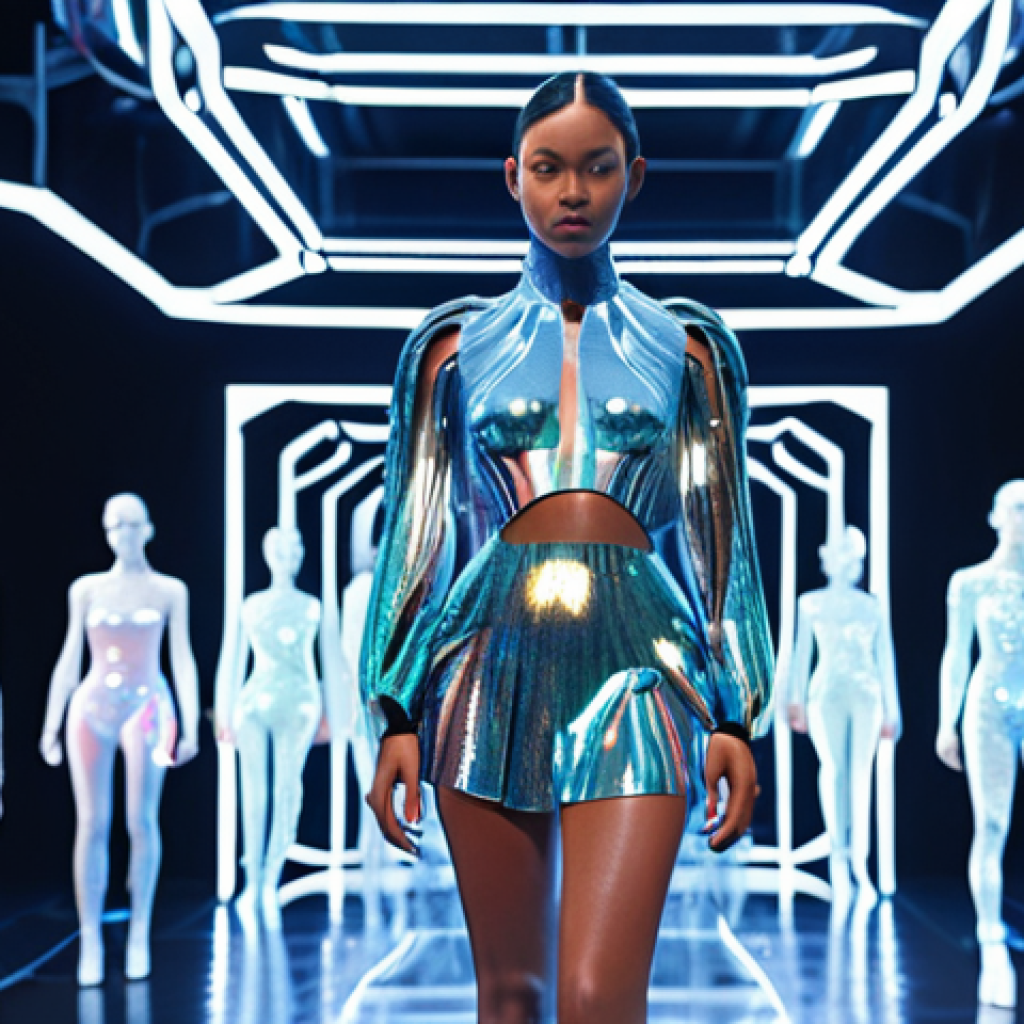 **

A futuristic fashion show in the Metaverse. Focus on avatars wearing shimmering, flowing digital clothes. Augmented Reality (AR) filter effects create a fusion of reality and virtuality with wearable technology. Showcases sustainability, individualization, and accessibility.

**