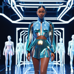 **

A futuristic fashion show in the Metaverse. Focus on avatars wearing shimmering, flowing digital clothes. Augmented Reality (AR) filter effects create a fusion of reality and virtuality with wearable technology. Showcases sustainability, individualization, and accessibility.

**