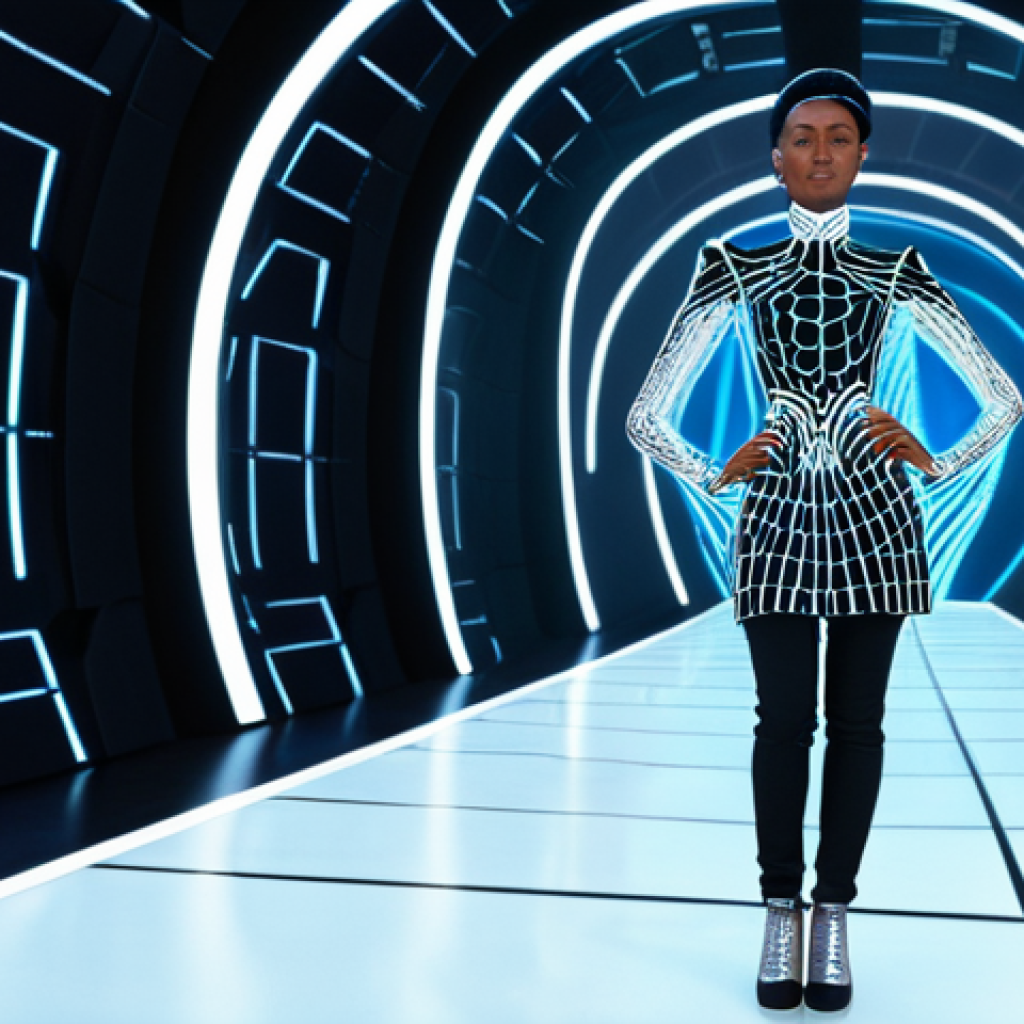 A high-fidelity avatar model, fully clothed in a professional, avant-garde digital fashion garment, featuring intricate flowing lines and subtle luminous accents. The model is striking a natural pose on a sleek, futuristic virtual runway. The background is an immersive, multisensory digital fashion show environment with dynamic light projections and ethereal architectural elements, showcasing the boundless creativity of the metaverse. Perfect anatomy, correct proportions, well-formed hands, proper finger count, natural body proportions, professional photography, high quality, safe for work, appropriate content, fully clothed, professional dress.