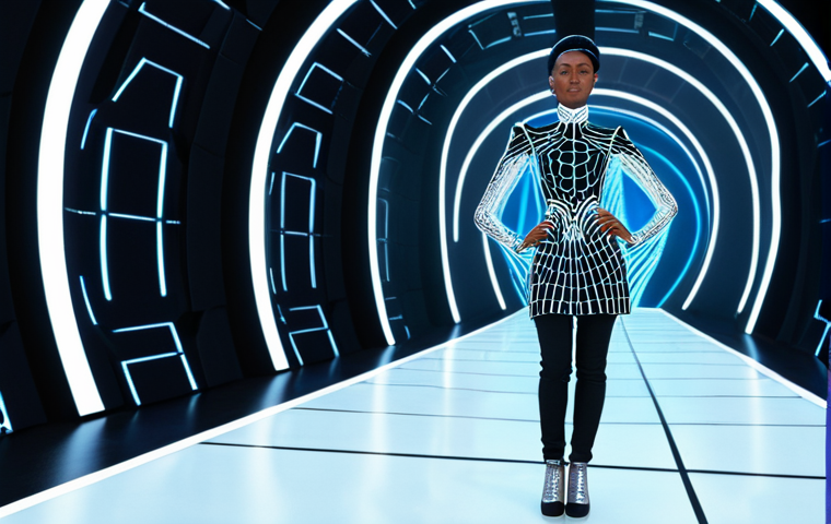 A high-fidelity avatar model, fully clothed in a professional, avant-garde digital fashion garment, featuring intricate flowing lines and subtle luminous accents. The model is striking a natural pose on a sleek, futuristic virtual runway. The background is an immersive, multisensory digital fashion show environment with dynamic light projections and ethereal architectural elements, showcasing the boundless creativity of the metaverse. Perfect anatomy, correct proportions, well-formed hands, proper finger count, natural body proportions, professional photography, high quality, safe for work, appropriate content, fully clothed, professional dress.