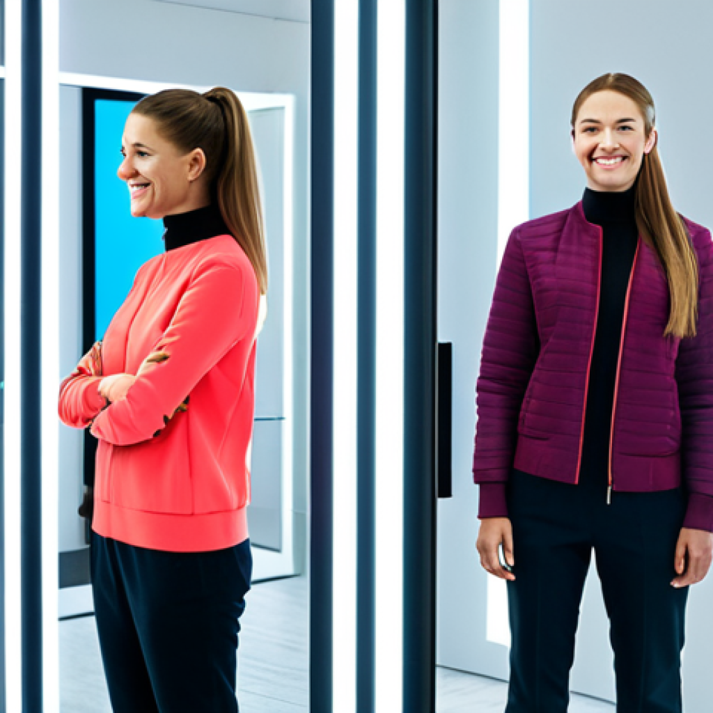 가상 현실 패션쇼의 주요 인사이트 - Virtual Fitting Room**
"A woman in a fully clothed, modest outfit smiles in front of a mirror displ...