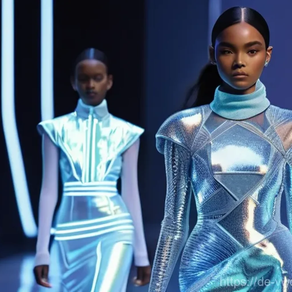 메타버스 패션쇼에서의 스폰서십 전략 - **A high-fashion virtual runway show in a futuristic metaverse city.**
    Prompt: "A group of diver...