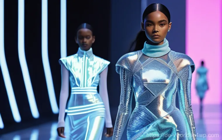 메타버스 패션쇼에서의 스폰서십 전략 - **A high-fashion virtual runway show in a futuristic metaverse city.**
Prompt: "A group of diver...
