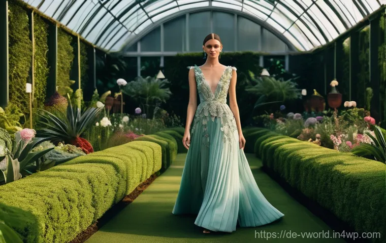 가상 패션쇼와 실제 패션쇼의 차이점 - **Prompt: The Sensory Grandeur of a Live Fashion Show in a Botanical Garden**
"A full-length sho...