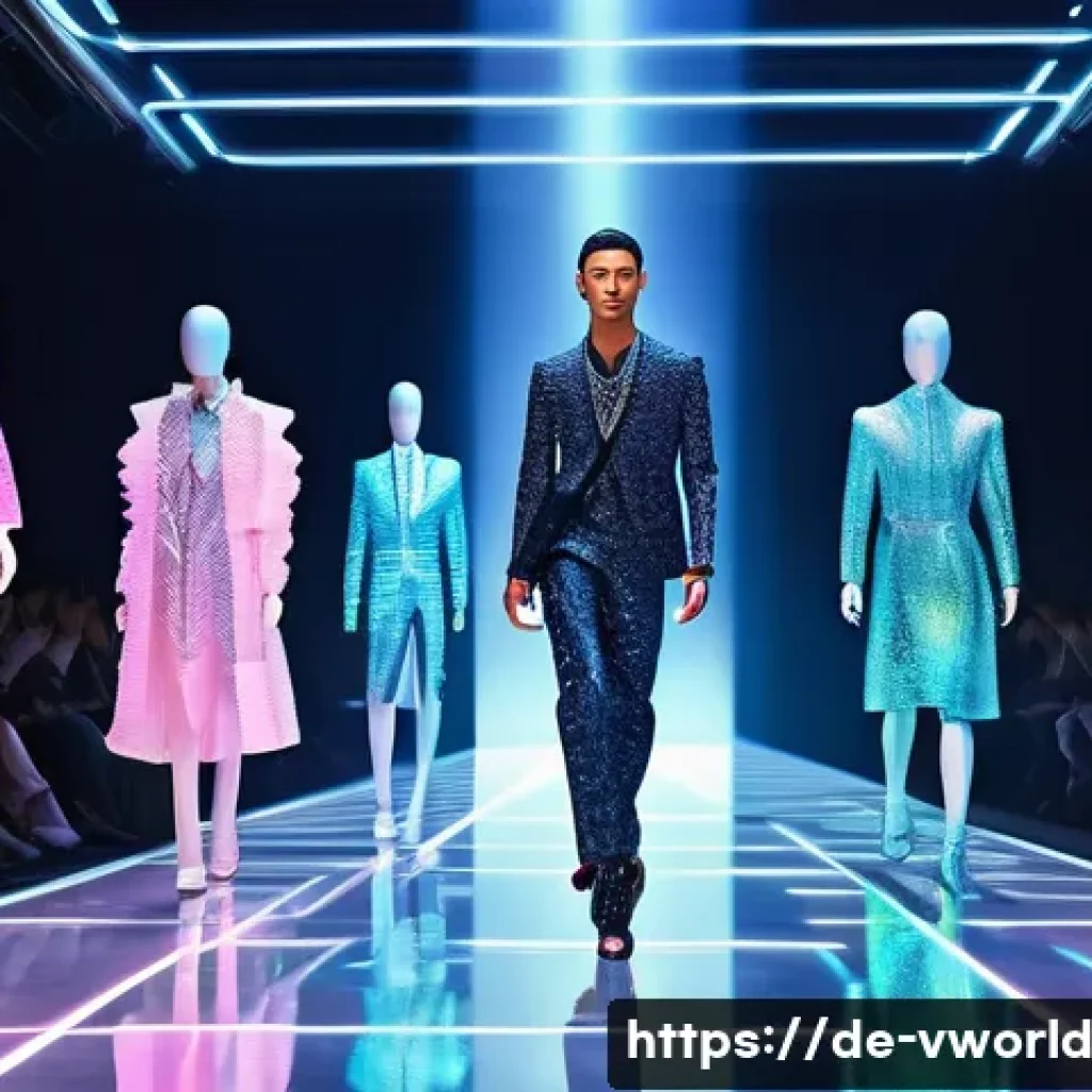 메타버스 패션쇼의 기술 트렌드 - **Prompt 1: Futuristic Avatar Runway Extravaganza**
"A hyperrealistic image of diverse, stylish ...