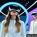 가상 패션쇼에서의 상호작용 요소 - A futuristic virtual fashion show scene viewed through a VR headset, featuring diverse models walkin...