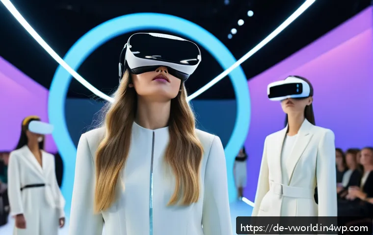 가상 패션쇼에서의 상호작용 요소 - A futuristic virtual fashion show scene viewed through a VR headset, featuring diverse models walkin...