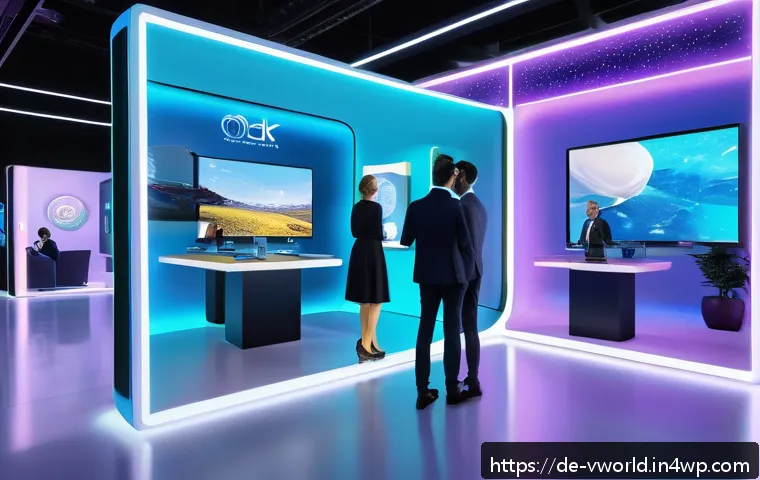 메타버스에서의 브랜드 이미지 구축 전략 - A futuristic virtual event inside a sleek, spacious 3D metaverse environment filled with interactive...