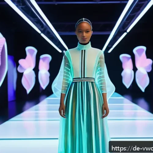 메타버스 패션쇼에서의 인터랙티브 경험 - A futuristic digital fashion runway in the Metaverse featuring diverse avatars wearing interactive, ...