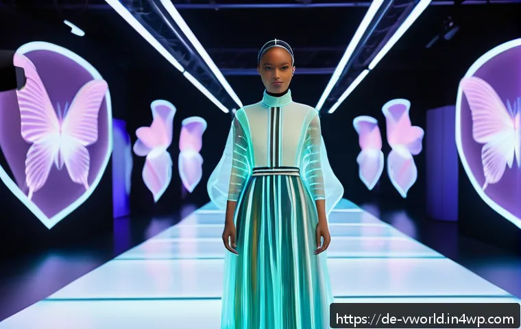 메타버스 패션쇼에서의 인터랙티브 경험 - A futuristic digital fashion runway in the Metaverse featuring diverse avatars wearing interactive, ...
