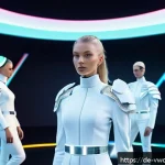 메타버스 패션쇼에서의 브랜드 마케팅 전략 - A futuristic digital fashion show set in a sleek Metaverse environment with diverse avatars actively...