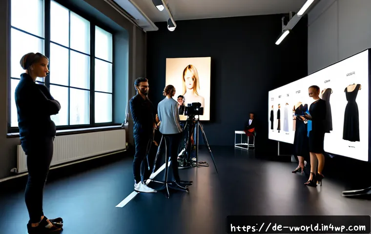 가상 패션쇼의 콘텐츠 마케팅 전략 - Photorealistic virtual fashion show content marketing scene in a stylish Berlin creative studio, a d...