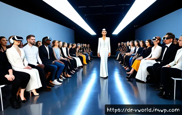 가상 패션쇼의 가상 현실 기술 활용 - Photorealistic virtual fashion show in a sleek Berlin-inspired digital runway studio, diverse adult ...